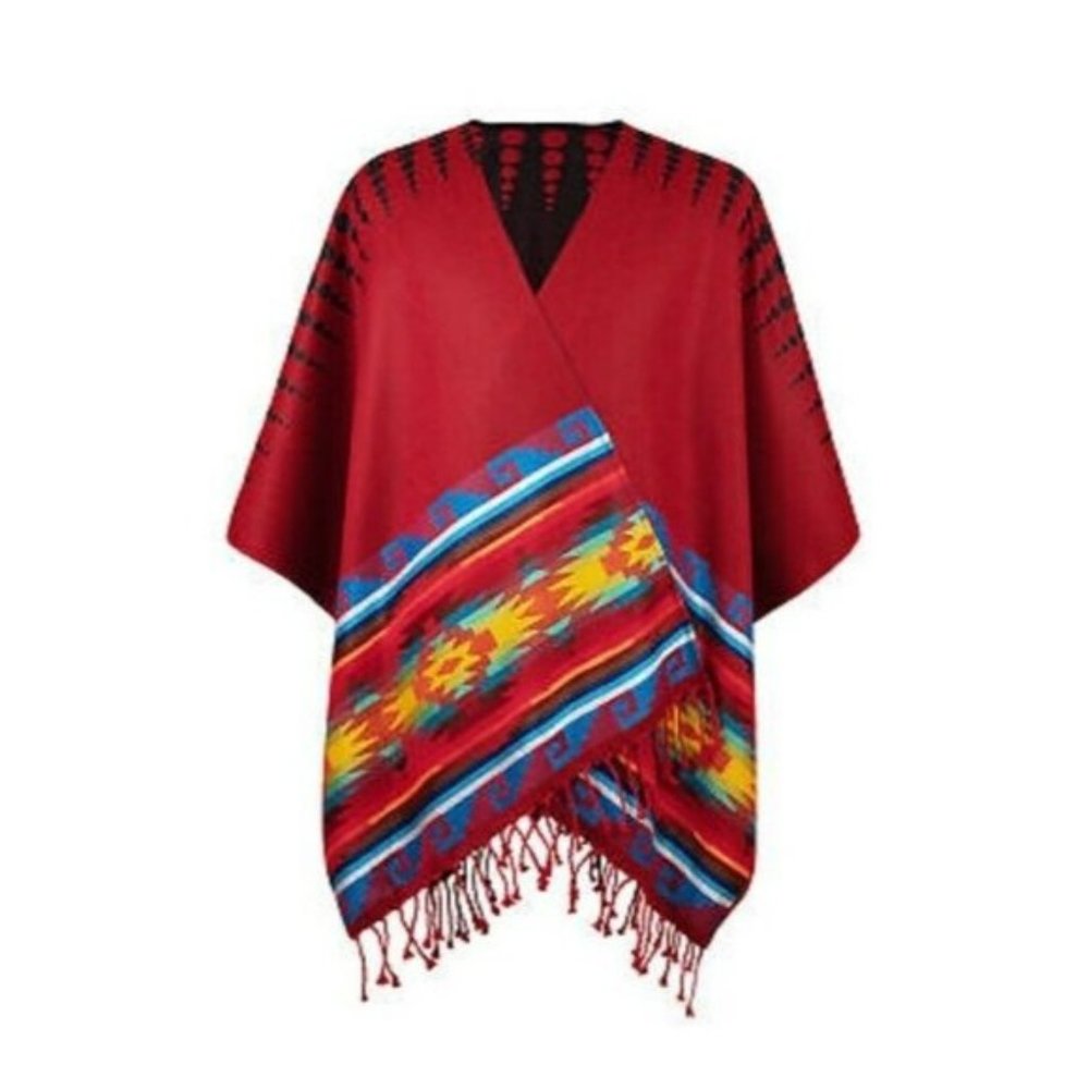 NWOT Poncho Cape Shawl Wrap Cardigan kimono tsels One Size Red Boho Ruana